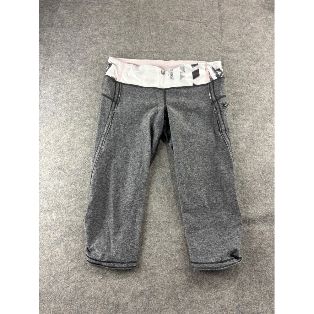 Lululemon‎ Heathered Grey Crop Leggings Palm Print Waistband Womens 10 Yoga Y2K